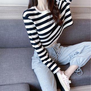 Set: Long-sleeve Striped T-shirt + Drawstring Cropped Harem Pants