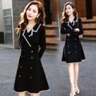 Long-sleeve Button-detail Collared A-line Knit Dress