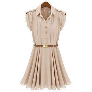 Short-sleeve Pleated Chiffon Shirt Dress