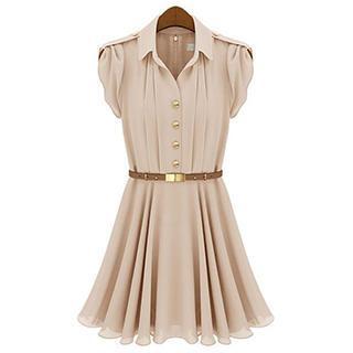 Short-sleeve Pleated Chiffon Shirt Dress