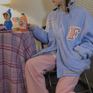 Lettering Single-breasted Fleece Baseball Jacket
