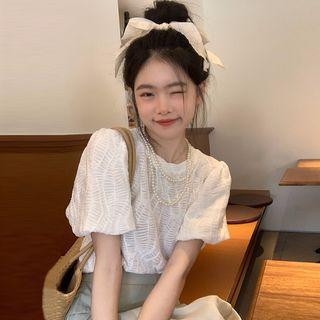 Puff-sleeve Patterned Shirt + A-line Mini Skirt
