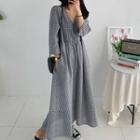 3/4-sleeve V-neck Check Midi Shift Dress
