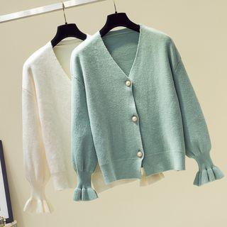 Bell-sleeve Ruffled Plain Cardigan