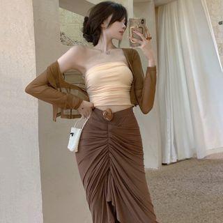 Tube Top / Cropped Cardigan / Ruched Midi Mermaid Skirt