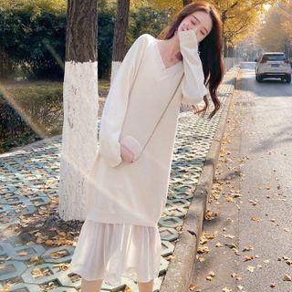 Mesh Hem Long-sleeve Midi A-line Dress