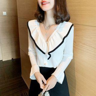 Ruffled Bell-sleeve Rib Knit Cardigan