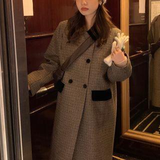 Double Breasted Plaid Coat Houndstooth - Brown & Khaki - One Size
