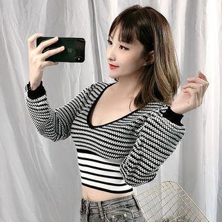 Cropped Patterned Sweater Stripes - Black & White - One Size