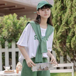 Short-sleeve Letter Print T-shirt With Shawl