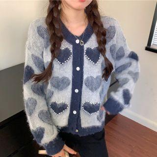 Round Neck Heart Print Cardigan