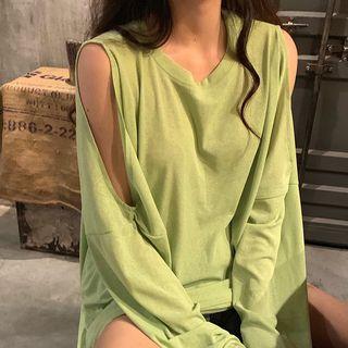 Off-shoulder Plain Long-sleeve T-shirt