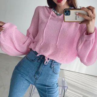 Hooded Balloon-sleeve Knit Top