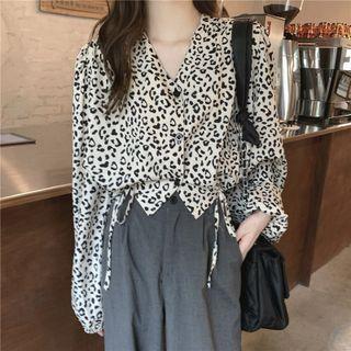 Drawstring Leopard Blouse Black - One Size