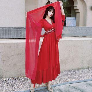 Long-sleeve Embellished Maxi A-line Dress / Tasseled Shawl / Set