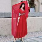 Long-sleeve Embellished Maxi A-line Dress / Tasseled Shawl / Set