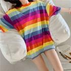 Color-block Striped Loose-fit Short-sleeve T-shirt As Figure - One Size