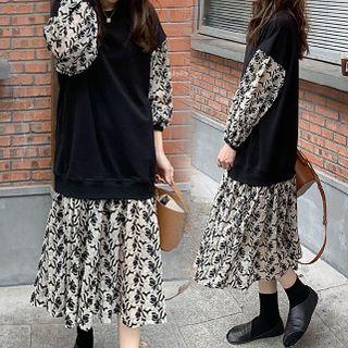 Mock Two-piece Floral Panel Midi Sweatshirt Dress
