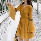 Long-sleeve Open-back Patterned Chiffon A-line Mini Dress