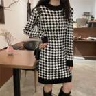 Long-sleeve Houndstooth Mini Sheath Dress Houndstooth - Black & White - One Size