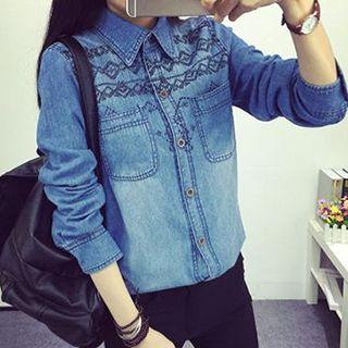 Embroidered Washed Denim Blouse