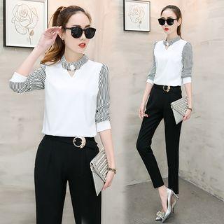 Set: Striped Blouse + Cropped Straight Pants