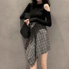 Cutout Long-sleeve Top/ Asymmetrical Plaid A-line Skirt