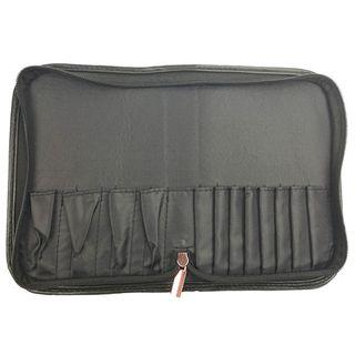Faux Leather Makeup Brush Zip Pouch Black Pu Litchi Pattern - One Size