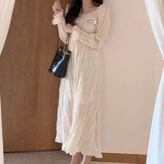 Flare-sleeve Frill Trim A-line Dress White - One Size