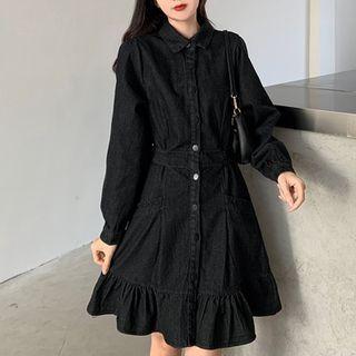 Denim Ruffle Hem Midi A-line Dress