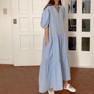 Short-sleeve V-neck Maxi Dress Light Blue - One Size