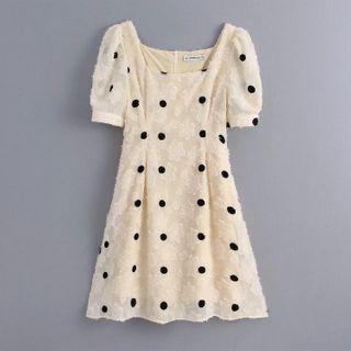 Square Neck Puff-sleeve Dotted Mini Dress