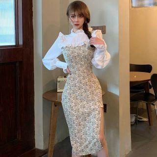 Ruffle Trim Panel Floral Slit Midi Bodycon Dress