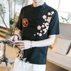 Floral Print Band Collar Short Sleeve T-shirt