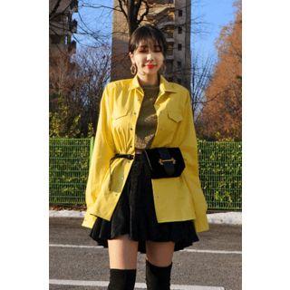 Pocket-detail Faux-leather Long Shirt With Belt