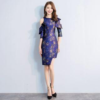 Printed Cut Out Shoulder Elbow Sleeve Dress