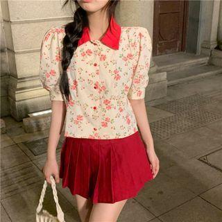 Short-sleeve Rose Printed Polo Collar Top / Plain Pleated Mini Skirt