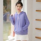 Heart Embroidered Hoodie Light Purple - One Size