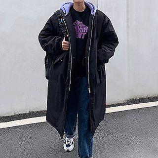 Color-block Hood Padded Long Parka