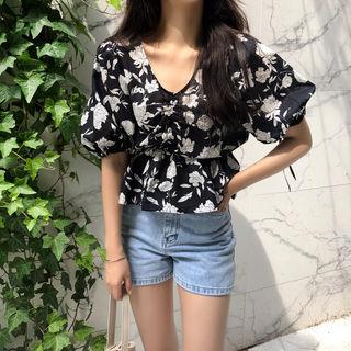 V-neck Floral Print Shirred Top