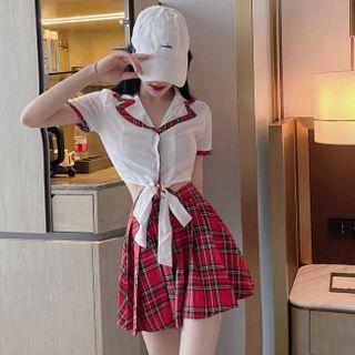 Set : Polo-collar Plaid Top + Waist Accordion Pleat Skirt
