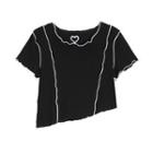 Short-sleeve Contrast Stitching Asymmetrical Top Black - One Size