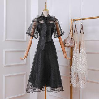 Sheer Short-sleeve Midi A-line Party Dress