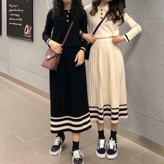 Set: Long Sleeve Polo Shirt + Striped Midi Skirt