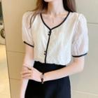 Puff Sleeve V-neck Embroidered Contrast Trim Chiffon Blouse