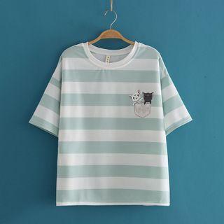 Cat Print Color Block Stripe Short Sleeve Top