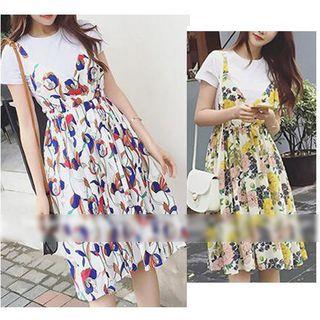 Set: Plain Short Sleeve T-shirt + Printed Pinafore Dress