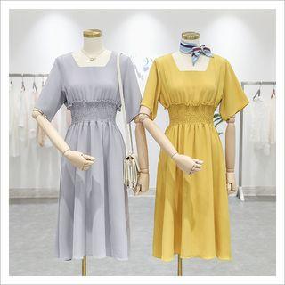 Elbow-sleeve Square-neck Smocked A-line Midi Dress