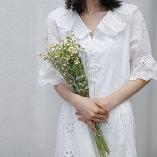 V-neck Plain Embroider A-line Dress White - One Size