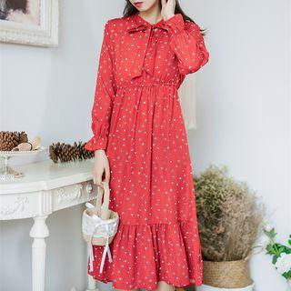 Heart Print Bow Accent Long-sleeve Gathered-waist Sheath Midi Dress